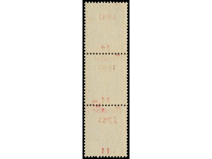 25 Q. im senkrechten Dreierstreifen mit stark verschobenem Aufdruck, dadurch Zeilenreihenfolge 2-1-1, postfrisch, Kabinett