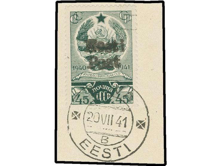 Karelo-Finnische SSR 45 K., mit sauberem Stempel "ELVA 20.VIII 41" auf Briefstück, Kabinett, eine sehr seltene Marke von der 