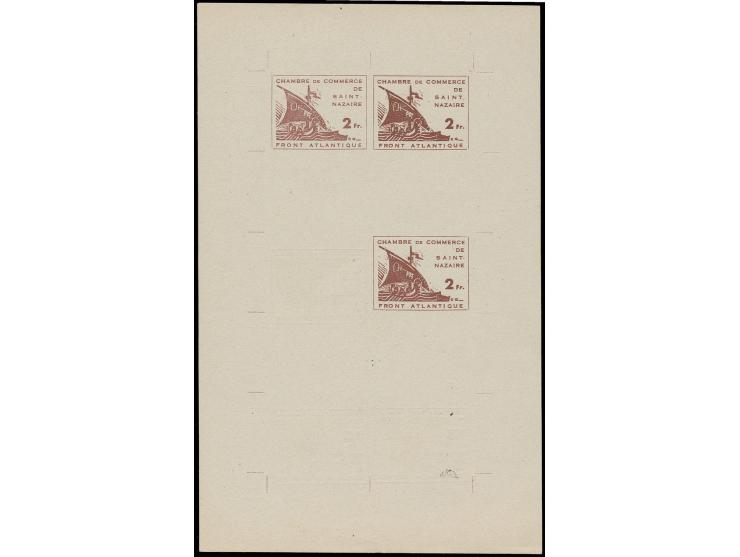 1945, 2 Fr. lilabraun auf grün, Probedruckbogen auf gelblichem Papier, beidseitig mit je drei Marken bedruckt, in der Mitte m