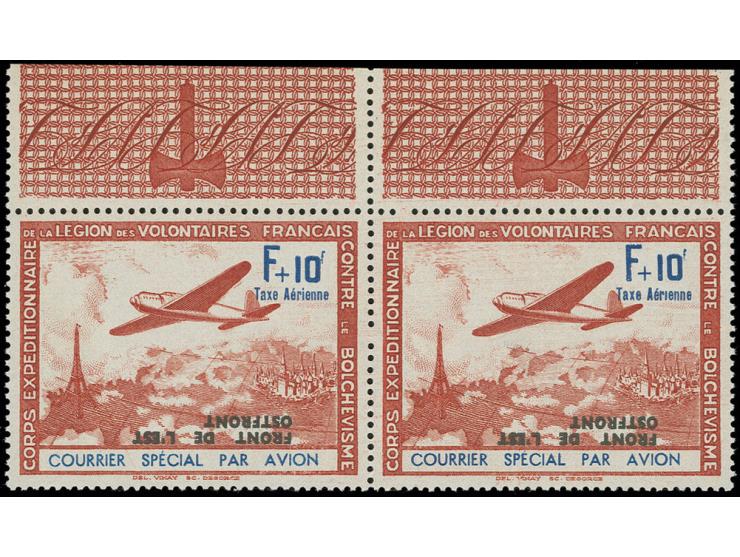1942, Aufdruck "Ostfront": 10 Fr. im waagerechten Oberrandpaar mit kopfstehendem Aufdruck der Felder 1 und 2, diese je mit Au