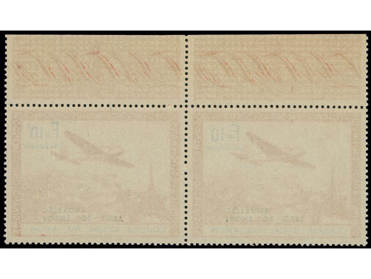 1942, Aufdruck "Ostfront": 10 Fr. im waagerechten Oberrandpaar mit kopfstehendem Aufdruck der Felder 1 und 2, diese je mit Au