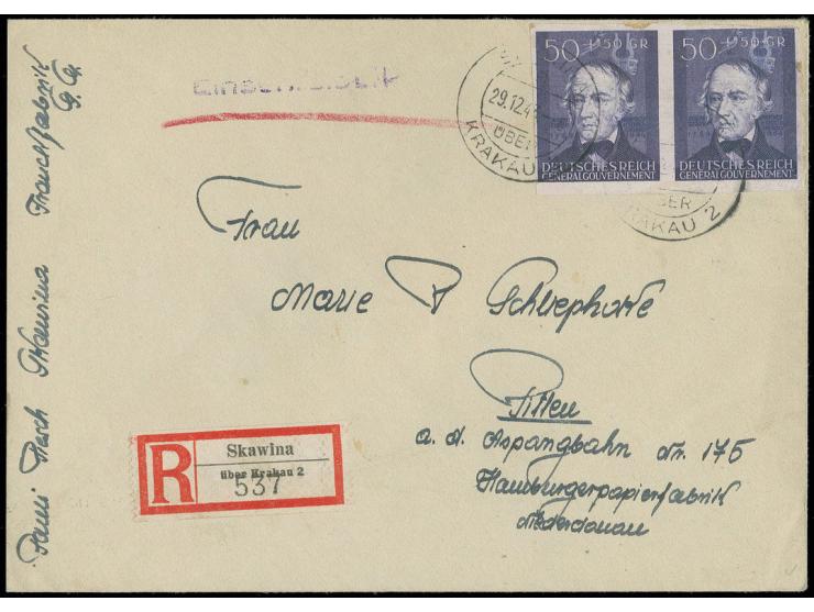 1942, Kulturträger 50 Gr. im ungezähnten waagerechten Paar mit Stempel "SKAWINA über KRAKAU 29.12.43" auf R-Brief nach Pitten