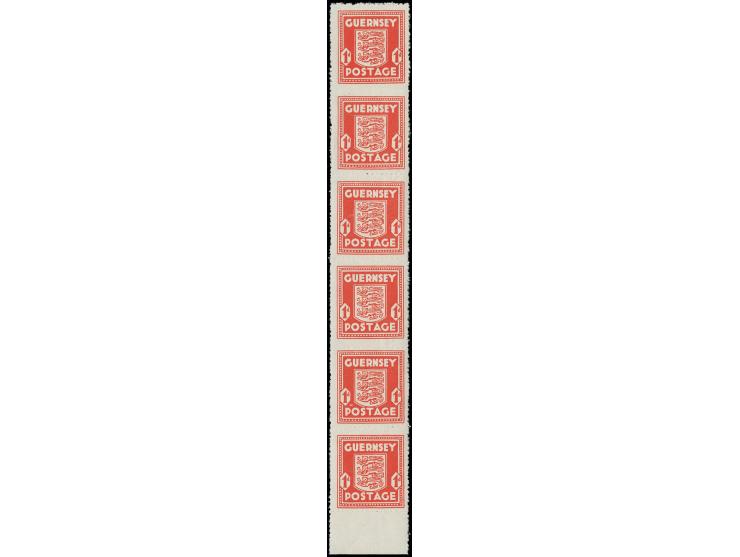 1941, 2 P. rot im senkrechten Unterrand-6er-Streifen, zwischen der 1 und 2 Marke waagerecht ungezähnt, postfrisch, Pracht