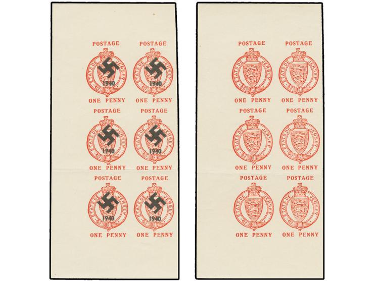 1940, sogenannte "Bigwood Essays" - 1 P. rot, mit bzw. ohne Aufdruck je im 6er-Block mit linkem Bogenrand und allen Rändern, 
