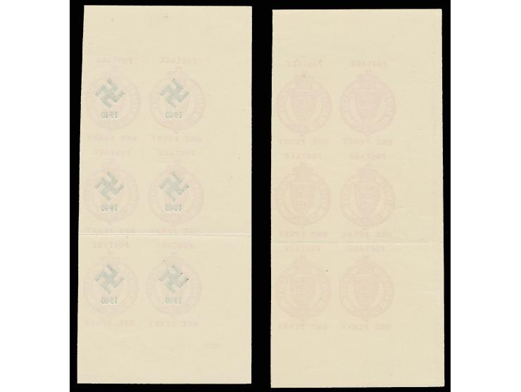 1940, sogenannte "Bigwood Essays" - 1 P. rot, mit bzw. ohne Aufdruck je im 6er-Block mit linkem Bogenrand und allen Rändern, 