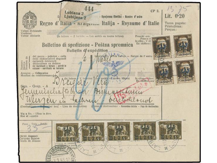 1944, 2,55 L. im waagerechten 5er-Streifen und 30 C. im Viererblock mit Stempel "LAIBACH 2 18.XII.44" auf Paketkarte in ein G