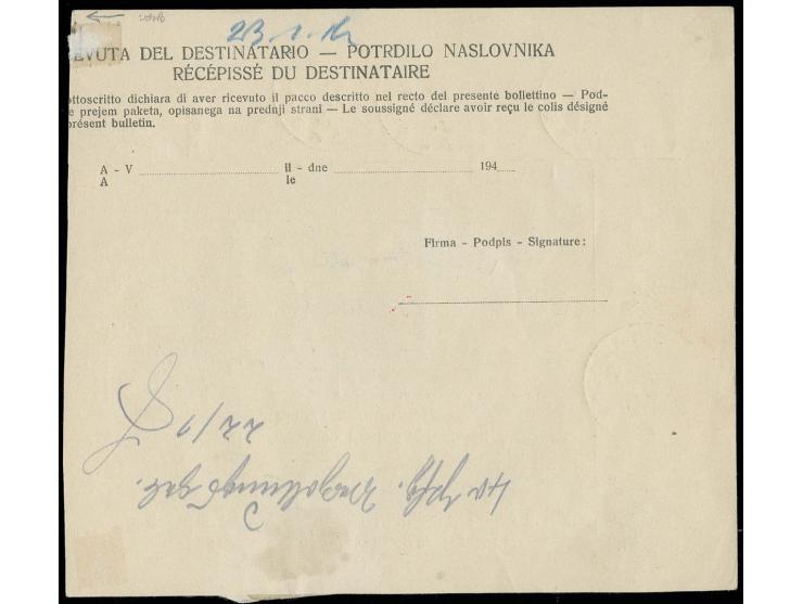 1944, 2,55 L. im waagerechten 5er-Streifen und 30 C. im Viererblock mit Stempel "LAIBACH 2 18.XII.44" auf Paketkarte in ein G