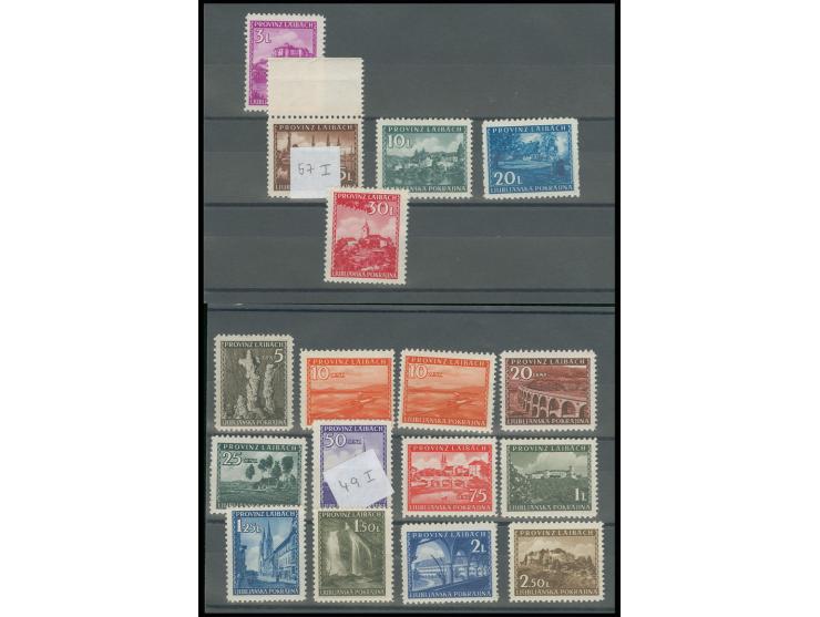 1945, Landschaften  5C.-30 L., postfrisch, dabei 10 C. in beiden Farben sowie 50 C. und 5 L. mit Plattenfehler I, Kabinett