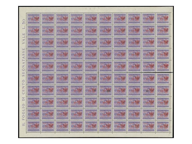 PORTOMARKEN: 1944, Probedruck 30 auf 50 C. violett mit rotem statt schwarzen Aufdruck, im kompletten 100er-Bogen mit allen Rä