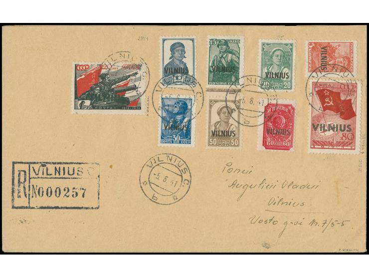 5 K.-1 Rbl. kpl. mit Stempel "VILNIUS -9.8.41" auf philatelistischem R-Umschlag , 80 K. mit Aufdruckfehler "weiter Abstand zw