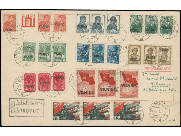 5 K.-1 Rbl., drei komplette Sätze mit je unterschiedlich hohem Aufdruck, mit Stempel "VILNIUS 31.8.41" auf beschriftetem Umsc