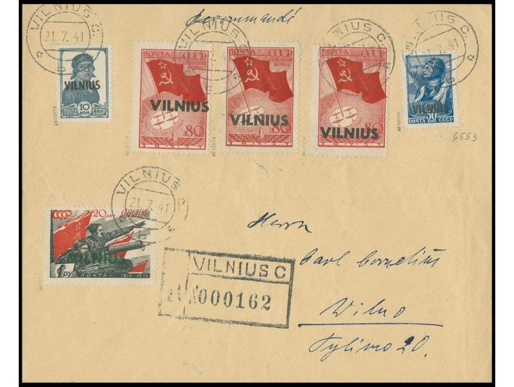 10 und 30 K. sowie 1 Rbl. und dreimal 80 K.  mit Stempel "VILNIUS 21.7.41" auf beschriftetem Umschlag, die linke 80 K. Marke 