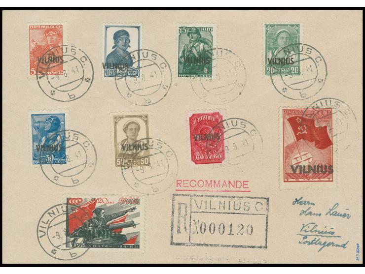 5 K.-1 Rbl. kpl. mit Stempel "VILNIUS -9.8.41" auf philatelistischem R-Umschlag mit dazugehörigem Einlieferungsschein, Kabine