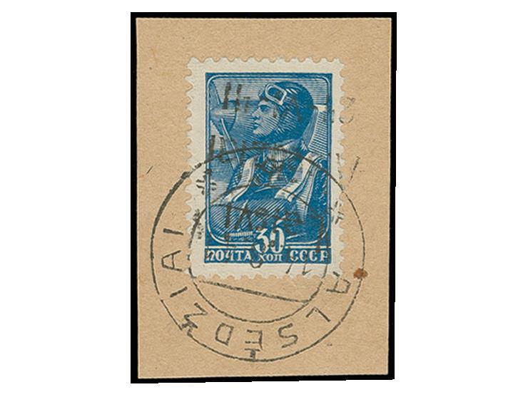 30 K. blau mit kopfstehendem Aufdruck mit Stempel "ALSEDZIAI 14 8 41" auf kleinem Briefstück, Kabinett, eine sehr selte Marke