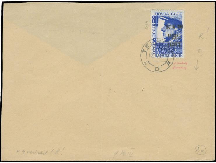 80 K. ultramarin mit kopfstehendem Aufdruck in Type III, mit Stempel "TELSIAI 12.IX.41" auf Blanko-Umschlag, unten links ein 
