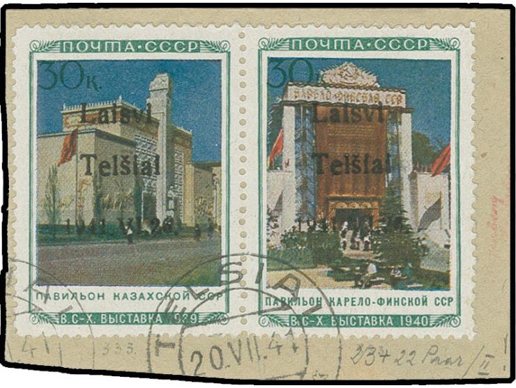 Kasachische SSR 30 K. und Karelo-Finnische SSR 30 K. im waagerechten Zusammendruckpaar, Felder 3 und 4, mit Stempel "TELSIAI 