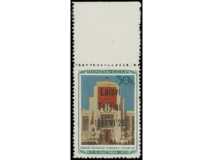 Pavillon 30 K. mit Oberrand, Type III mit Aufdruckfehler "Te1siai statt Telsiai", postfrisch, Kabinett, Fotoattest Krischke B