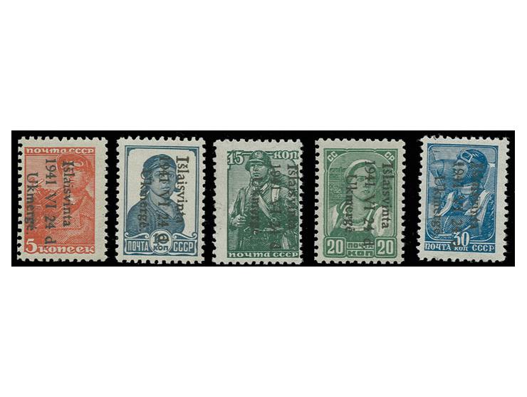 1941, 5-30 K. kpl., dabei 15 K. mit Aufdruck-Abart "Komma statt Punkt nach Ukmerge", postfrisch, Kabinett, sign. und Fotoatte