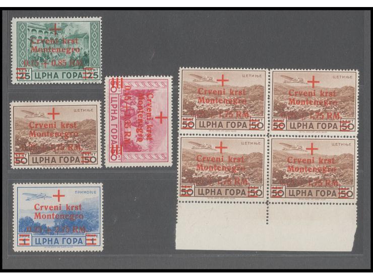1944, Rotes Kreuz 0.15+0.85 - 0.15+.1.35 RM und 0.25+1.75 - 0.25+2.75 RM je mit Aufdruckfehler "normalstehendes g", dazu 0.50