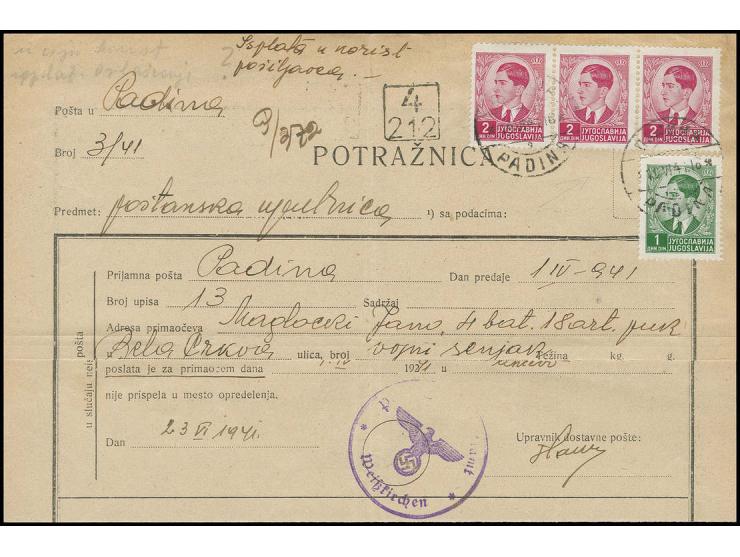 1941, VORLÄUFER: Yugoslawien Freimarken  1 Din. grün und 2 Din. lilakarmin im waagerechten 3er-Streifen mit Stempel "PADINA 1