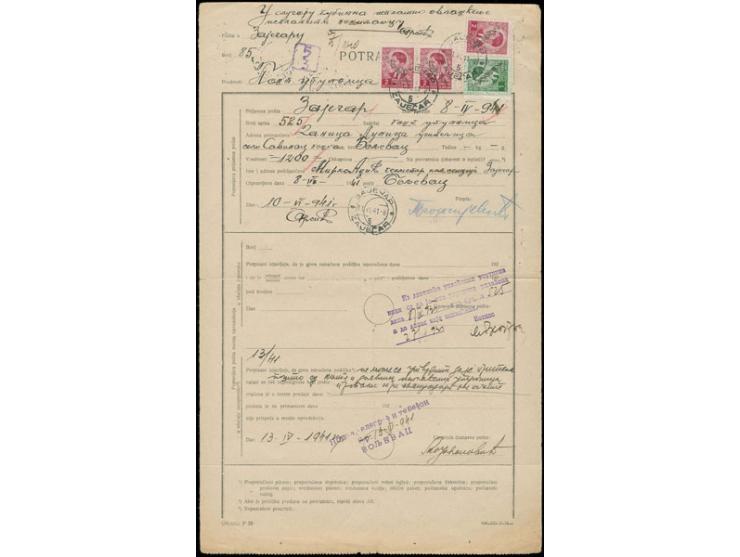 1 Din. und 2 Din. im waagerechten 3er-Streifen mit Stempel "ZAJECAR 11.VI.41" auf Postreklamation-Formular nach Boljevac I. m