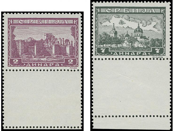Serbische Klöster 2 Din. und 7 Din., je mit Leerfeld unten, postfrisch, Pracht, Fotoatteste Brunel und Kleymann BPP (Mi. 1.00