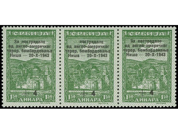 Bombengeschädigte 1,50 Din. mit Aufdruckabart "erstes Aufdruckwort fehlt vollständig, 1. Silbe des 2. Wortes höherstehend" im