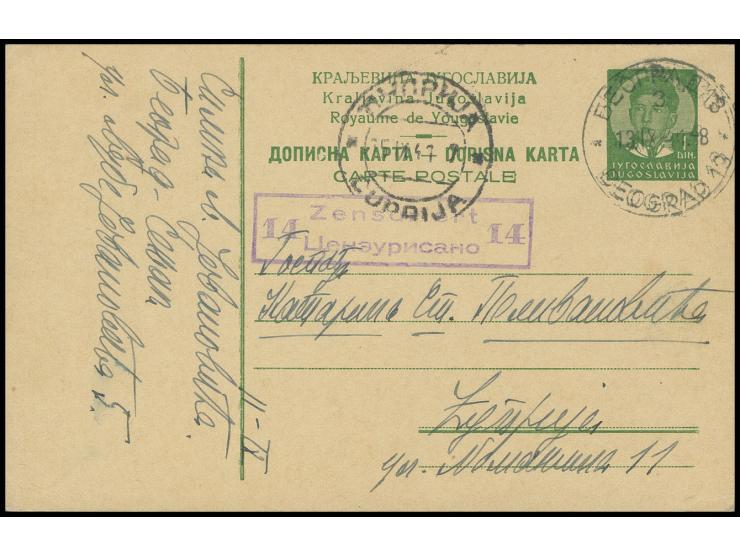 GANZSACHEN: 1941, Jugoslawien Karte 1 Din. bedarfsgebraucht aus "BEOGRAD 13.IX." mit Durchgangsstempel von Cuprija und Zensur