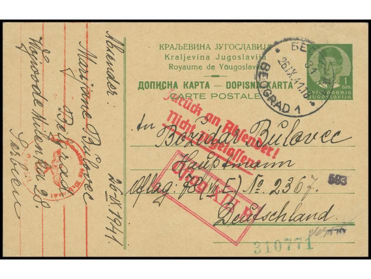 Jugoslawien Karte 1 Din. mit Stempel "BEOGRAD 26.IX.41" bedarfsgebraucht mit OWK-Zensur in ein KGF-Lager in Deutschland mit L