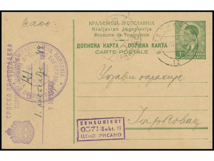 Jugoslawien Karte 1 Din. mit dt. Stempel "BETSCHKEREK 30.VII.44" und Zensur-Ra3 aus Grossbetschkerek nach Jarkovac mit Ankunf