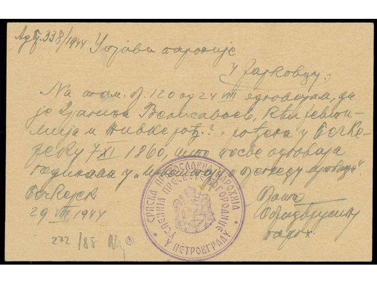 Jugoslawien Karte 1 Din. mit dt. Stempel "BETSCHKEREK 30.VII.44" und Zensur-Ra3 aus Grossbetschkerek nach Jarkovac mit Ankunf
