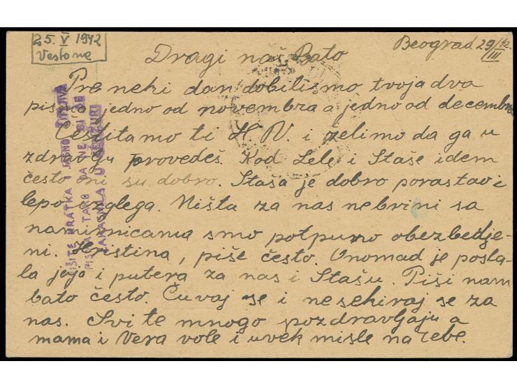 1941, Karte 1,50 Din. aus Beograd ohne Aufgabestempel bedarfsgebraucht als KGF-Karte mit Vertrauensmann-Zensur (Type II) und 