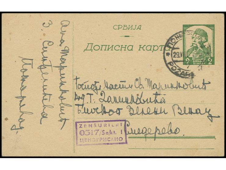Karte 2 Din. bedarfsgebraucht aus "POZAREVAC 29.VIII.44" mit zweisprachigem Zensur-Ra3 "ZENSURIERT 0317/Sekt.I" nach Smederre