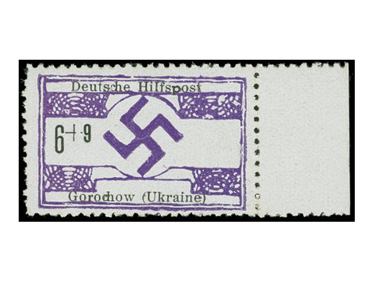 1944, Gorochow 6 Pfg., rechtes Randstück auf x-Papier mit Plattenfehler "I statt i in Hilfspost", postfrisch, übliche Zähnung