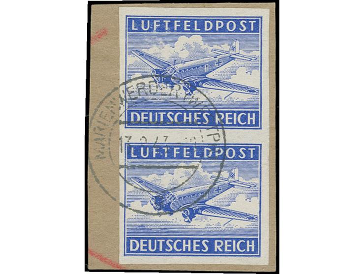 1942, Zulassungsmarke blau im ungezähnten senkrechten Paar mit Stempel "MARIENWERDER 13.3.43" auf Briefstück, Pracht (Mi. 520