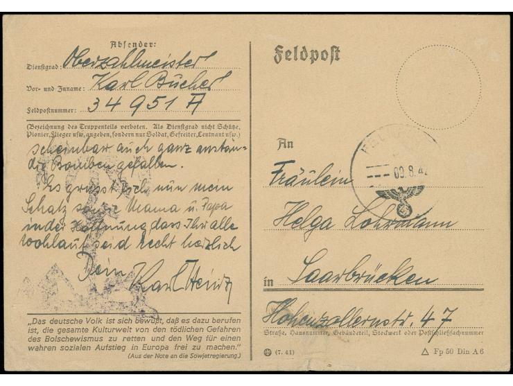 Palmenstempel in Form 13 auf Karte der Fp-Nr. 34951A mit Aufgabestempel vom 9.8.43 nach Saarbrücken, Kabinett, Fotoattest Mai