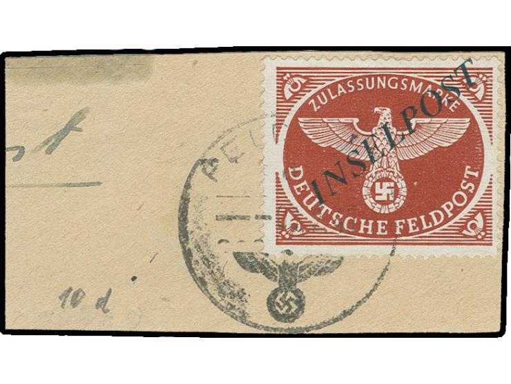 dito, mit Stempel "FELDPOST d 08.2.45" von Chania auf Briefstück, bis auf einen kurzen Zahn tadellos, signiert Rungas und Fot