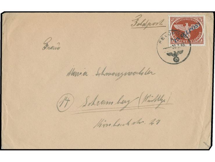 durchstochen, Aufdruck dunkelblau (geringe Knitter) mit Fp-Stempel "b 20.3.45" auf Brief der Fp-Nr. 68090B nach Schramberg
