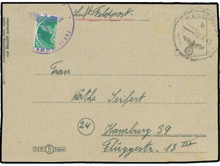 1945, Kurland-Halbierung, linke Hälfte, vorausentwertet mit Briefstempel auf Kartenbrief (im Rand etwas beschnitten) mit Norm