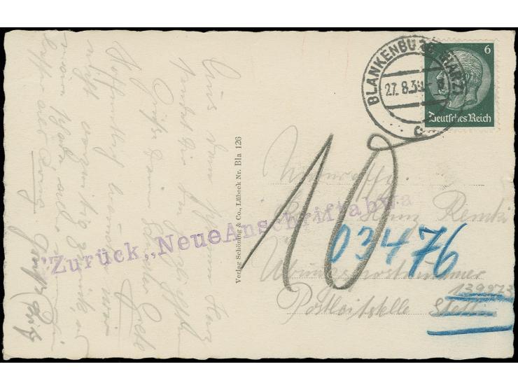 1939, Übungspost August, Ansichtskarte mit Hindenburg 6 Pfg. (Zahnfehler) gestempelt "BLANKENBURG (HARZ) 27.8.39" an Übungspo
