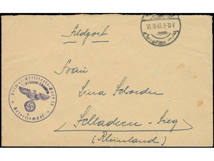 1943, "Heimat-Artillerie-Park 11 / Karlshagen/Pommern", Briefstempel (Tarnname für Peenemünde) auf Brief mit stummem Tagesste