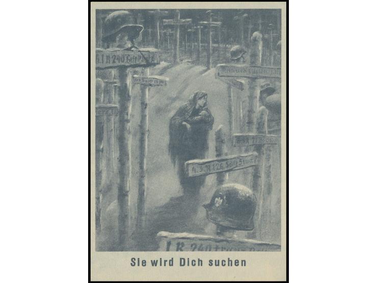 Propagandakarte "Sie wird dich suchen" und eingedrucktes Wertzeichen 6 Pfg. Hindenburg, ungebraucht, Tesafilmspur, sign. und 