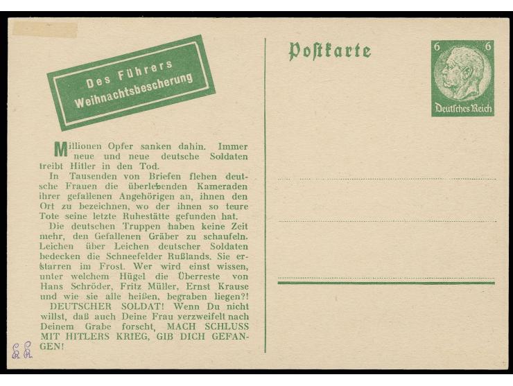Propagandakarte "Sie wird dich suchen" und eingedrucktes Wertzeichen 6 Pfg. Hindenburg, ungebraucht, Tesafilmspur, sign. und 