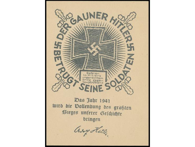 Propagandakarte "Der Gauner Hitler" und eingedruckter Briefstempel, ungebraucht
