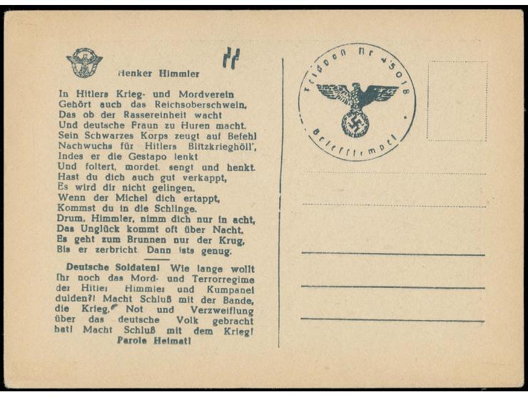 Propagandakarte "Himmler, Hitlers Bluthund" und eingdruckter Briefstempel, ungebraucht, ganz leichte Tesafilmspur