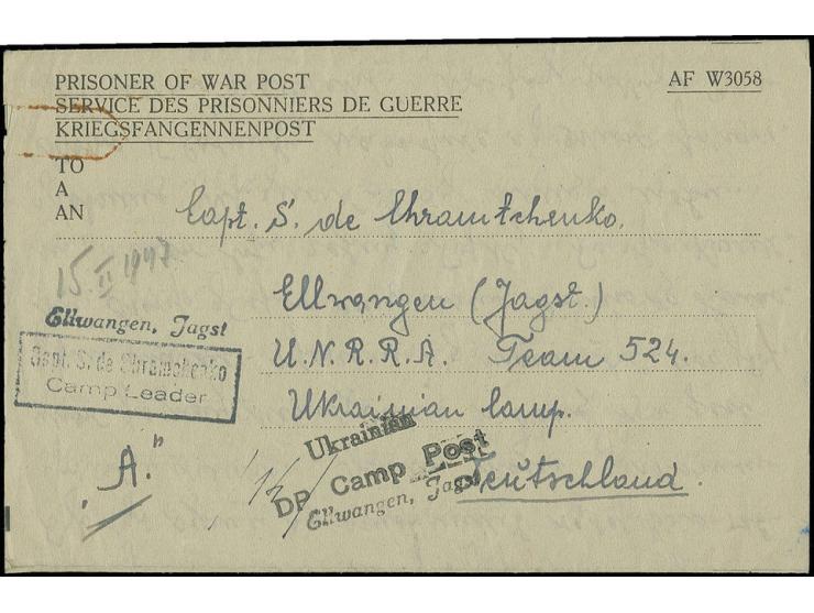 1947, "Ukrainien DP Camp Post" als schwarzer L2 auf Vordruckbrief nach Ellwangen, links Rostspuren, sonst in guter Erhaltung