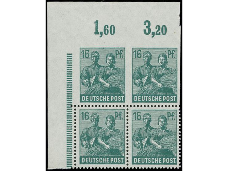 16 Pfg. im Viererblock aus der linken oberen Bogenecke, dabei die oberen Werte nur unten gezähnt, postfrisch mit zwei kleinen
