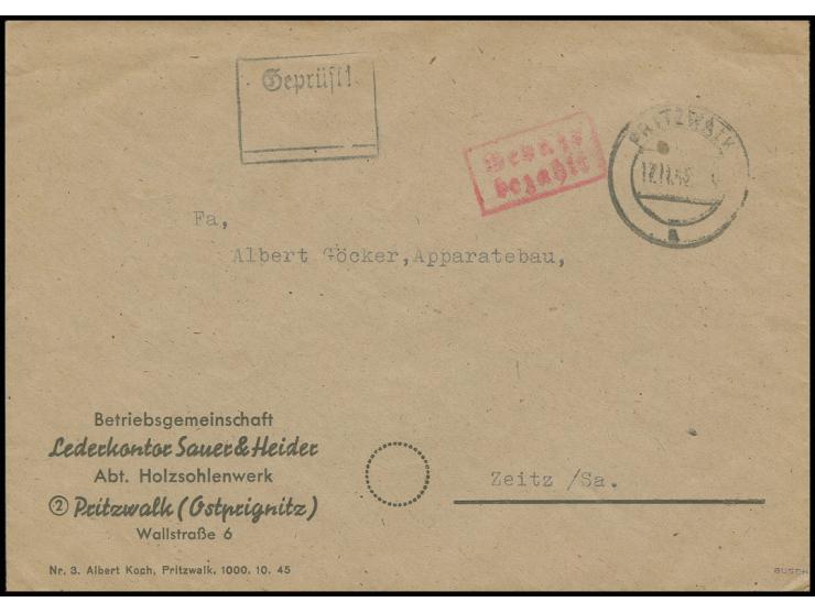 1945, barfrankierter Firmenbrief von "PRITZWALK 17.11.45" mit lokalem Zensur-Ra2 "Geprüft" nach Zeitz, sign. Busch