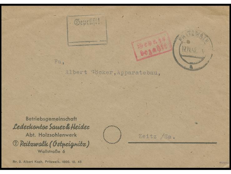 1945, barfrankierter Firmenbrief von "PRITZWALK 17.11.45" mit lokalem Zensur-Ra2 "Geprüft" nach Zeitz, sign. Busch