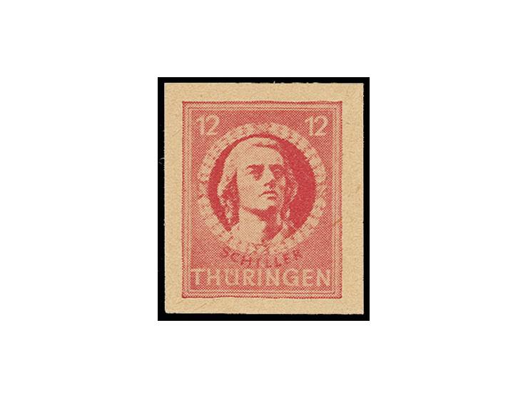 THÜRINGEN: 1945, Freimarken mit Vollgummi: 12 Pfg. dunkelbräunlichrot (dunkelbraunrotquarzend) auf gelblichgrauem Papier, ung